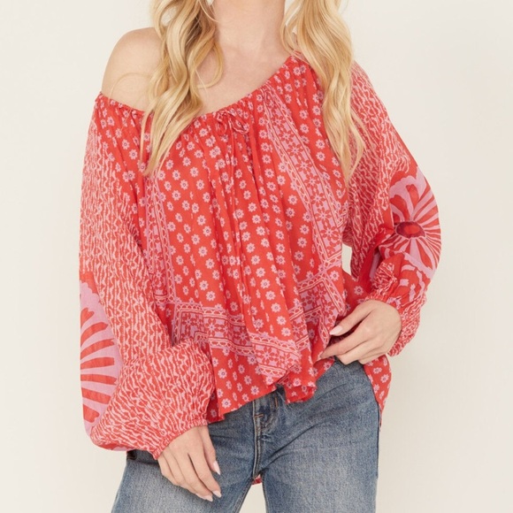 Free People Tops - Free People Elena Printed Top Boho Red Long Sleeve Peasant Blouse Puff Sleeve S